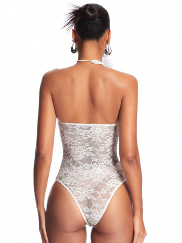 Gorgeous Women'S Perspective Lace Ruffle Trim Strapless Jumpsuit With Valentine'S Day White Color
