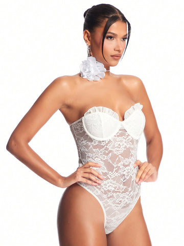 Gorgeous Women'S Perspective Lace Ruffle Trim Strapless Jumpsuit With Valentine'S Day White Color