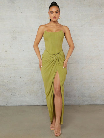BAE Green Linen Fabric Drawstring Pleated High Slit Low Waist V-Shaped Waist Long Women's Skirt