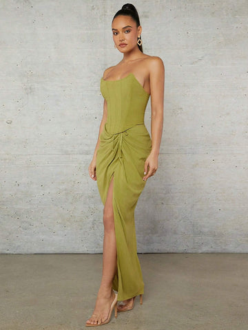 BAE Green Linen Fabric Drawstring Pleated High Slit Low Waist V-Shaped Waist Long Women's Skirt