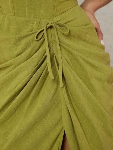 BAE Green Linen Fabric Drawstring Pleated High Slit Low Waist V-Shaped Waist Long Women's Skirt