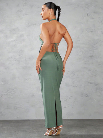 Green Solid Color Halter Backless Crop Top And Low Waist Slit Long Skirt Set For Going Out In Summer