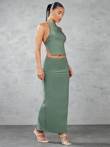 Green Solid Color Halter Backless Crop Top And Low Waist Slit Long Skirt Set For Going Out In Summer