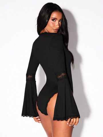 Halloween Gothic Style Knitted Trumpet Long-Sleeved Slim Fit Lace Decorative Strap Women's Jumpsuit