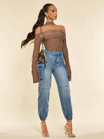 Halter Neck Flare Sleeve Ruched Bodysuit