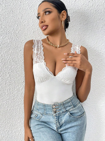 High Elasticity Knitted Lace Splicing Deep V-Neck Bodysuit