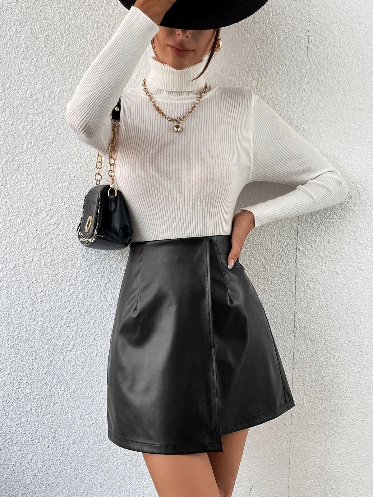 BAE High Waist Wrap PU Leather Skirt