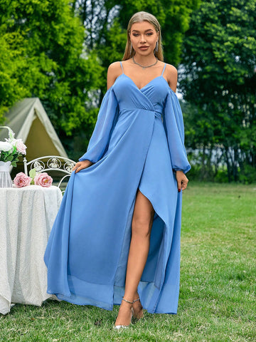 Hollow Out Shoulder Wrap Bodice Bridesmaid Dress With Ruffle Hemline