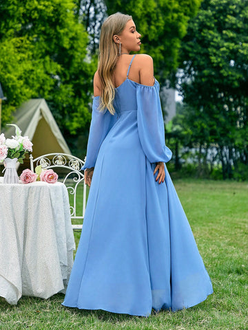 Hollow Out Shoulder Wrap Bodice Bridesmaid Dress With Ruffle Hemline