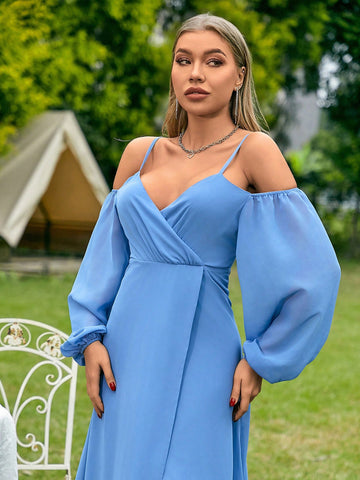 Hollow Out Shoulder Wrap Bodice Bridesmaid Dress With Ruffle Hemline