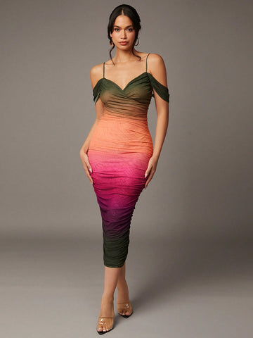 BAE Hollowed Out Shoulder Gradient Color Dress