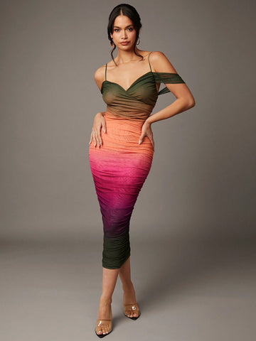 BAE Hollowed Out Shoulder Gradient Color Dress