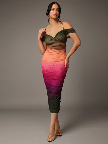 BAE Hollowed Out Shoulder Gradient Color Dress