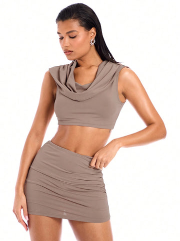 Hoodie Cowl Collar Loose Fit Crop Top And Irregular Waist Pleated Skirt