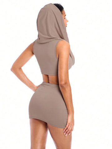 Hoodie Cowl Collar Loose Fit Crop Top And Irregular Waist Pleated Skirt