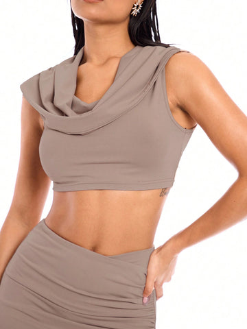 Hoodie Cowl Collar Loose Fit Crop Top And Irregular Waist Pleated Skirt