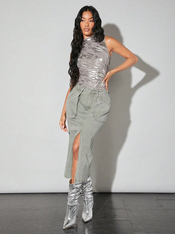 Hot Silver Mesh Tie-Dye Mottled Distressed Gathered Bodysuit