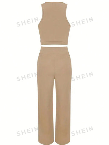 Khaki Crop Top & Long Pants Casual Two-Piece Set