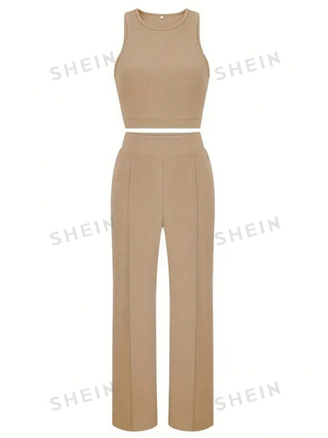 Khaki Crop Top & Long Pants Casual Two-Piece Set