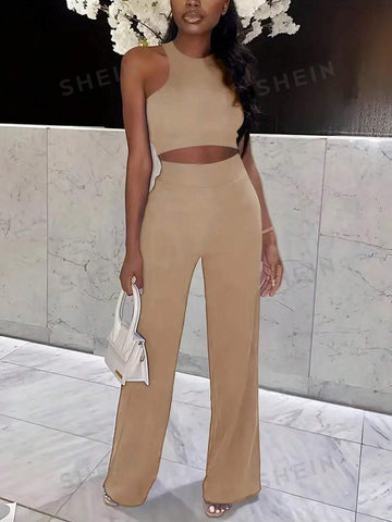 Khaki Crop Top & Long Pants Casual Two-Piece Set