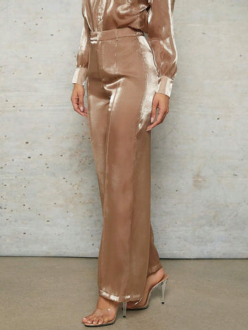 BAE Khaki Organza Straight-Leg See-Through Straight-Leg Women's Trousers