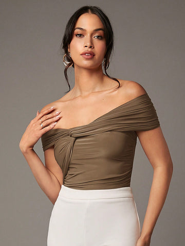 Khaki Twist Gathered One-Shoulder Bodysuit