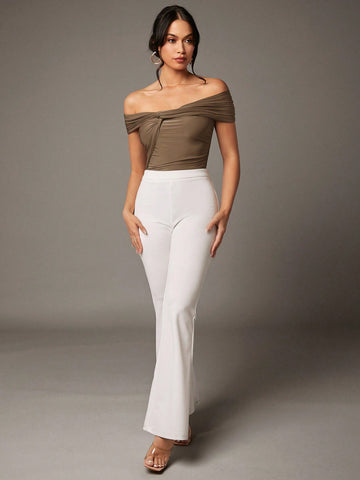 Khaki Twist Gathered One-Shoulder Bodysuit