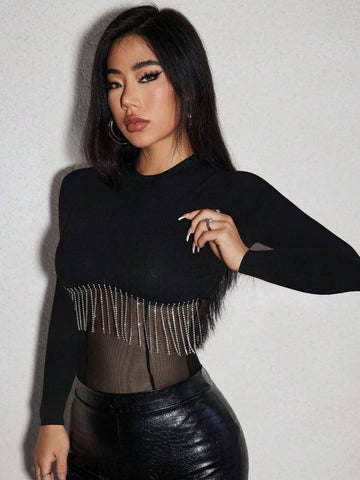 Knitted Ribbed Panel See-Through Bodysuit With Rhinestone & Tassel Decor