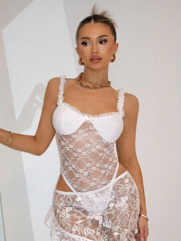 Lace Strapless White Lace Bodysuit With Bowknot, All-Match Style For Outfits, Summer
