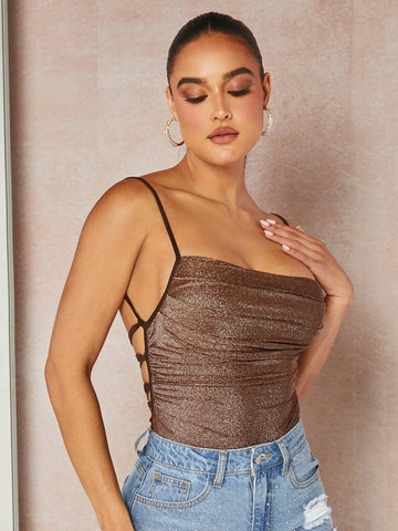 Lace Up Backless Glitter Cami Bodysuit