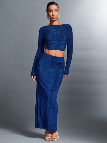 Ladies' Backless Two Piece Sequined Glitter Skirt Set For New Year'S Eve Outfit