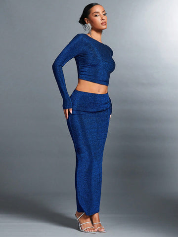 Ladies' Backless Two Piece Sequined Glitter Skirt Set For New Year'S Eve Outfit