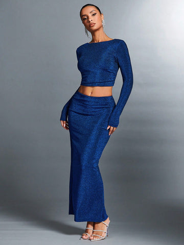 Ladies' Backless Two Piece Sequined Glitter Skirt Set For New Year'S Eve Outfit