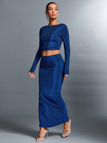 Ladies' Backless Two Piece Sequined Glitter Skirt Set For New Year'S Eve Outfit