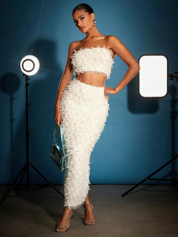 Ladies' Furry Design Strapless Top And Skirt Two Piece Set