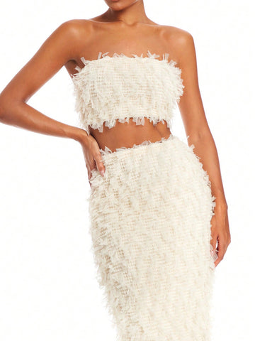 Ladies' Furry Design Strapless Top And Skirt Two Piece Set