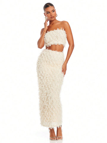Ladies' Furry Design Strapless Top And Skirt Two Piece Set