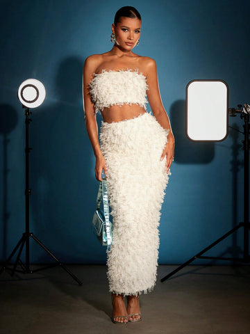 Ladies' Furry Design Strapless Top And Skirt Two Piece Set