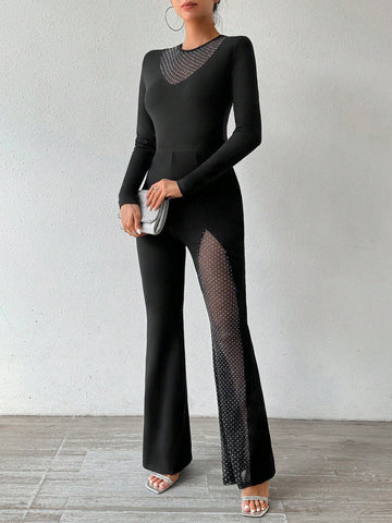Ladies' Rhinestone Decorated Mesh Splice Jumpsuit