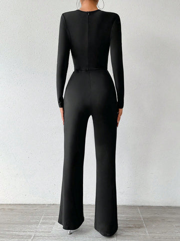 Ladies' Rhinestone Decorated Mesh Splice Jumpsuit