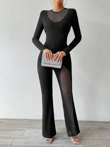 Ladies' Rhinestone Decorated Mesh Splice Jumpsuit