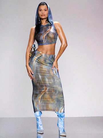 Ladies' Sheer Abstract Print Hooded Crop Top And High Waist Mesh Abstract Print Skirt Set, Perfect For Festival, Country Party, Music Festival, Daily Wear, Streetwear