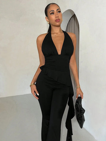 Ladies' Solid Black Halter Flare Jumpsuit With Ruffle Hem, Summer