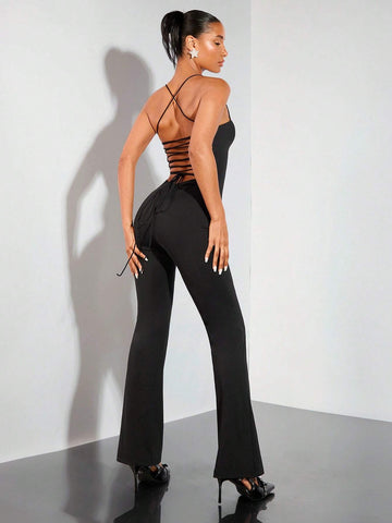 Ladies' Solid Color Backless Sexy Sleeveless Jumpsuit For Summer