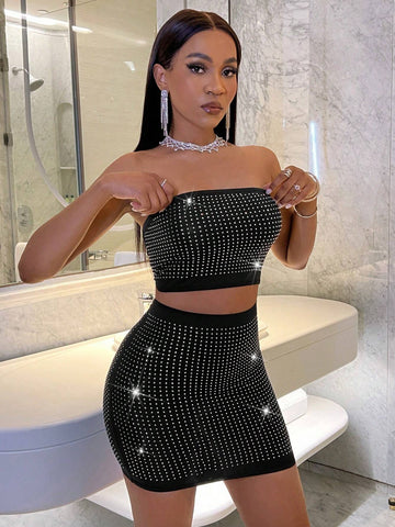 Ladies' Strapless Top And Bodycon Mini Skirt Set With Rhinestone Embellishment