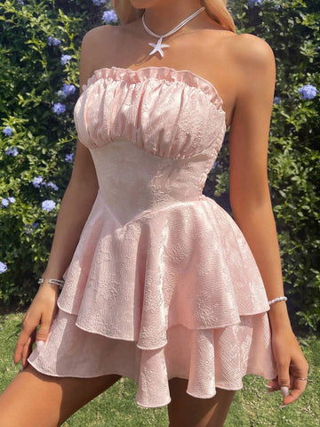 Ladies" Woven Jacquard Fabric Layered Ruffle Hem Sunflower Swing Jumpsuit