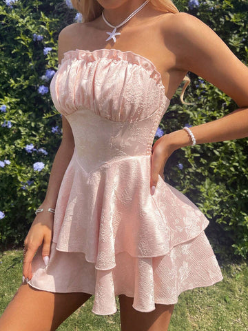 Ladies" Woven Jacquard Fabric Layered Ruffle Hem Sunflower Swing Jumpsuit