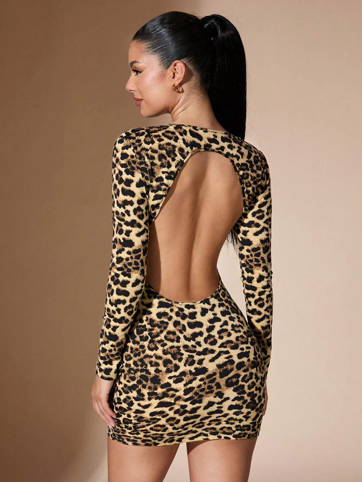 Leopard Print Long Sleeve Backless Ruffle Off Shoulder Bodycon Party Dress, Autumn