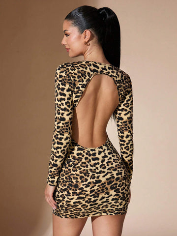 Leopard Print Long Sleeve Backless Ruffle Off Shoulder Bodycon Party Dress, Autumn