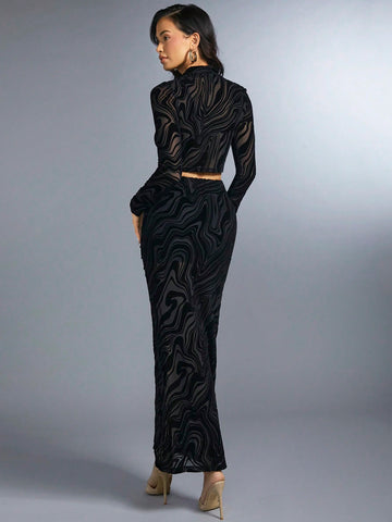 Marble Sheer Crop Top With High Side Split Hem Skirt Set